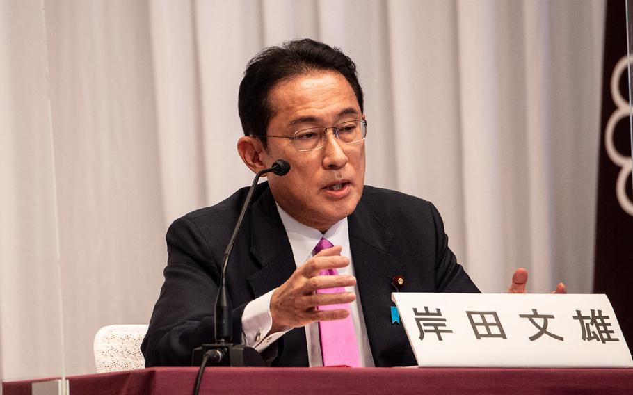 Then candidate for the presidential election of the ruling Liberal Democratic Party, Fumio Kishida, former foreign minister, speaks during a debate organized by Liberal Democratic Party, Youth Bureau, Women’s Bureau, at Liberal Democratic Party headquarters in Tokyo, Japan on Sept. 20, 2021. As president, he is scheduled to visit South Korea for a summit on Sunday, Mary 7, 2023. 