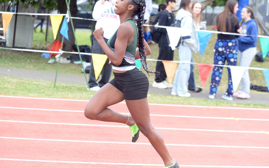 Kubasaki freshman Naiaja Sizemore, the northwest Pacific record-holder, qualified for the finals of the Far East 100-meter dash with a time of 12.58.