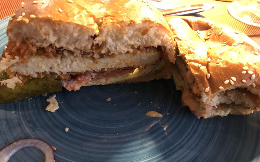 The vegetarian "chicken" sandwich at Barbarossahof in Kaiserslautern, Germany, was good but a bit dry.