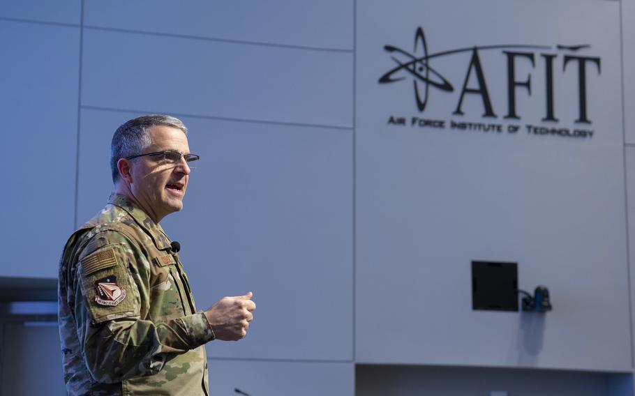 Maj. Gen. William Cooley gave a keynote presentation at the Air Force Institute of Technology Centennial Symposium on Wright-Patterson Air Force Base, Ohio, Nov. 7, 2019. 