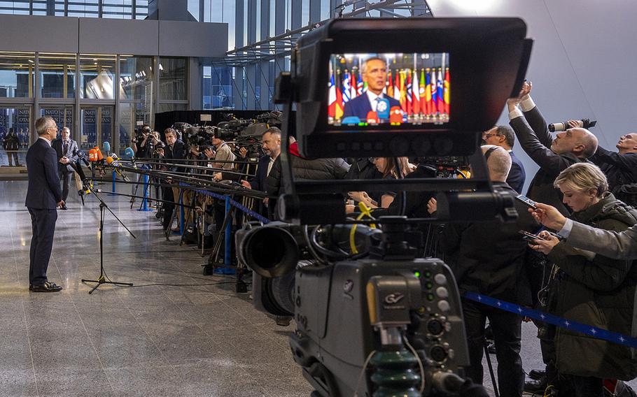 NATO Secretary-General Jens Stoltenberg talks to reporters before the Feb. 15, 2024 defense ministerial meeting at the alliance headquarters in Brussels.