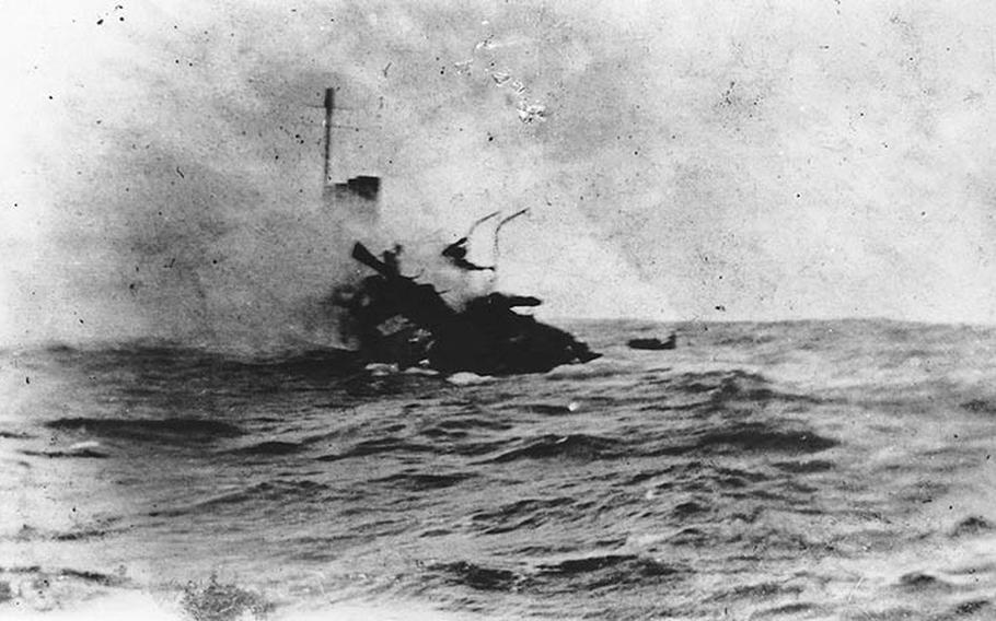 The USS Jacob Jones sinks off the Scilly Islands, England, on Dec. 6, 1917, after she was torpedoed by the German submarine U-53.