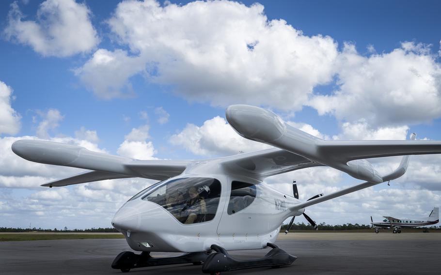 Beta Technologies’ electric Alia aircraft comes to a stop after arriving at Eglin Air Force Base, Fla., Oct. 26, 2023.  The aircraft will begin a series of test flights over the next few months with the 413th Flight Test Squadron and AFWERX’s Agility Prime at Duke Field.