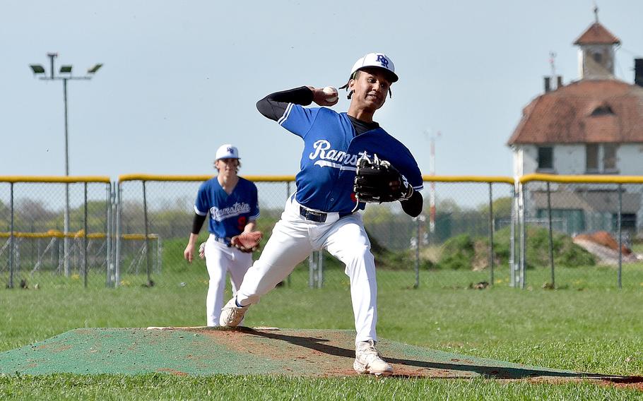 Ramstein's Christian Roy pitches during the first game of a doubleheader against Wiesbaden on April 6, 2024, on Clay Kaserne in Wiesbaden, Germany.