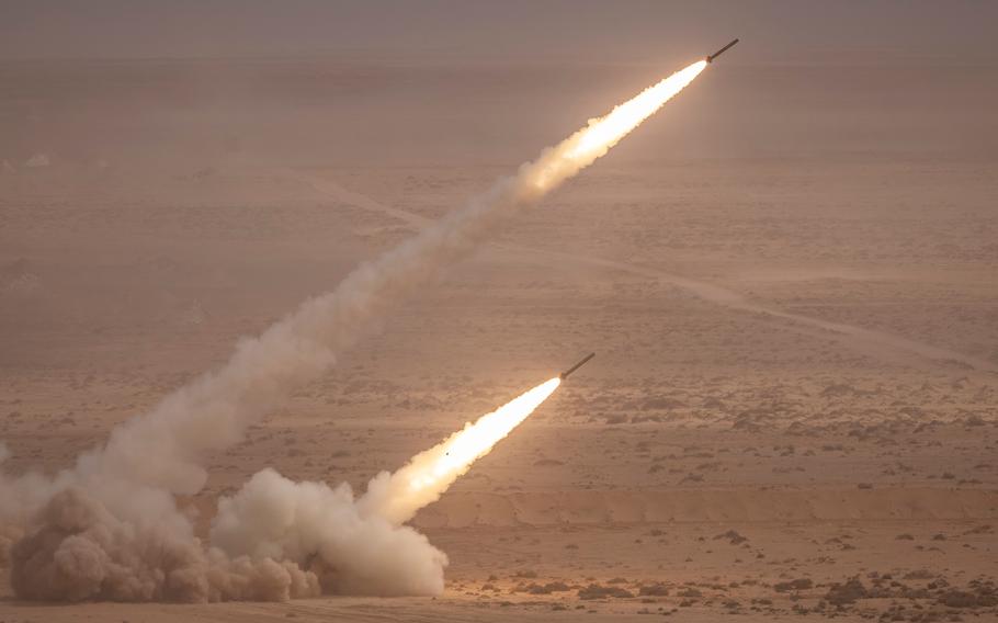 A US M142 High Mobility Artillery Rocket System (HIMARS) fires salvoes during the second annual "African Lion" military exercise in the Tan-Tan region in southwestern Morocco on June 30, 2022. 