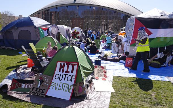 Students protest at an encampment outside the Kresge Auditorium on the campus of the Massachusetts Institute of Technology, Tuesday, April 23, 2024, in Cambridge, Mass.