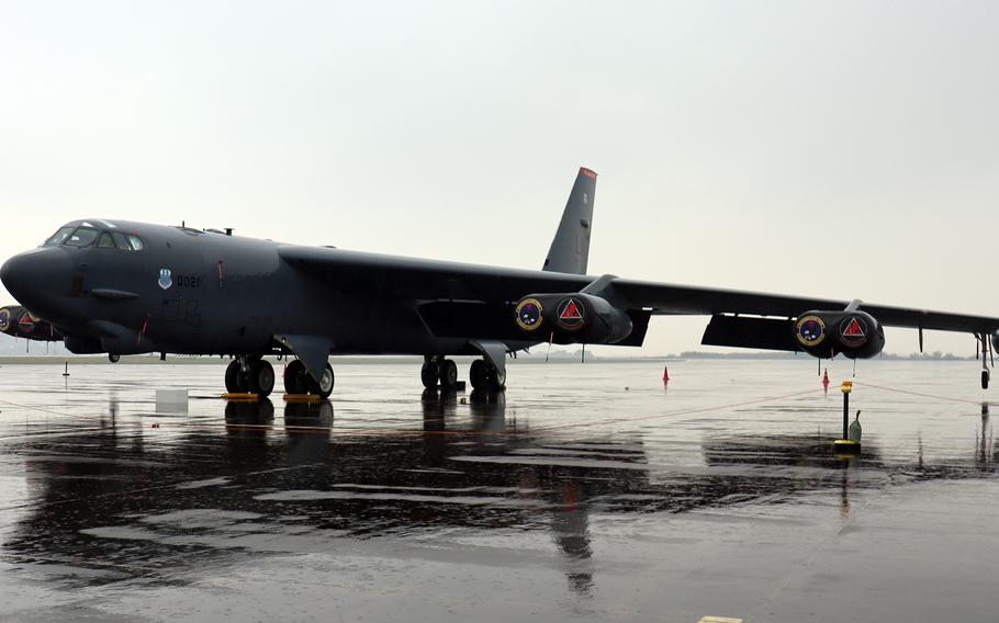 An Air Force B-52H Stratofortress assigned to the 96th Bomb Squadron out of Barksdale Air Force Base, La., sits on the flightline at Cheongju International Airport, South Korea, Oct. 19, 2023.