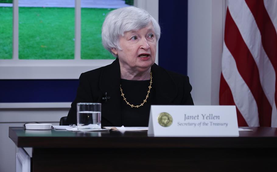 U.S. Treasury Secretary Janet Yellen addresses a meeting hosted by President Joe Biden in the South Court Auditorium in the Eisenhower Executive Office Building on Oct. 6, 2021, in Washington, D.C.