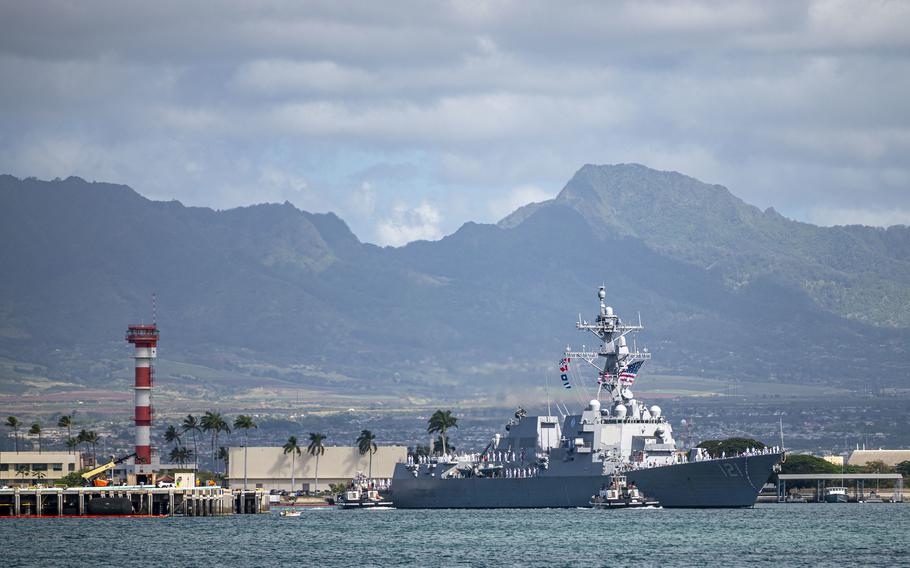 USS Frank E. Petersen Jr., the Navy's newest Arleigh Burke-class guided-missile destroyer, arrives on June 13, 2022, at its new homeport at Joint Base Pearl Harbor-Hickam, Hawaii.