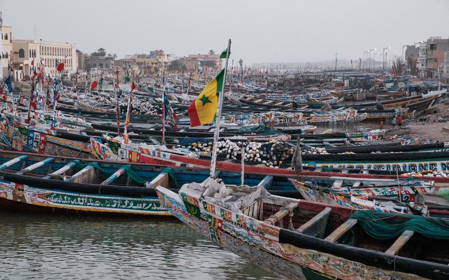 Hundreds of pirogues, ready for fishing, line the protected side of the Langue de Barbarie in western Senegal. 