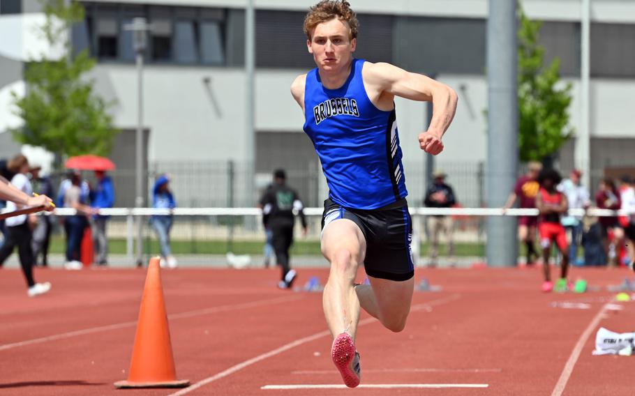 Brussels’ William Pierce won the triple jump competition at the DODEA-Europe track and field championships in Kaiserslautern, Germany, May 19, 2023, with a leap of 46-05.25.