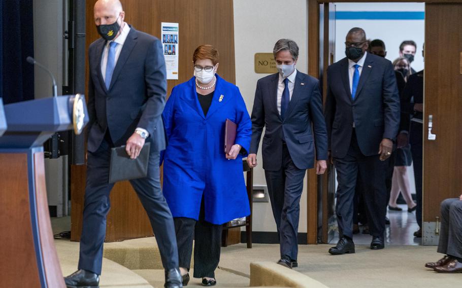 From left, Australian Minister of Defense Peter Dutton, Australian Foreign Minister Marise Payne, Secretary of State Antony Blinken, and Defense Secretary Lloyd Austin arrive for a news conference at the State Department in Washington, on Thursday, Sept. 16, 2021.  