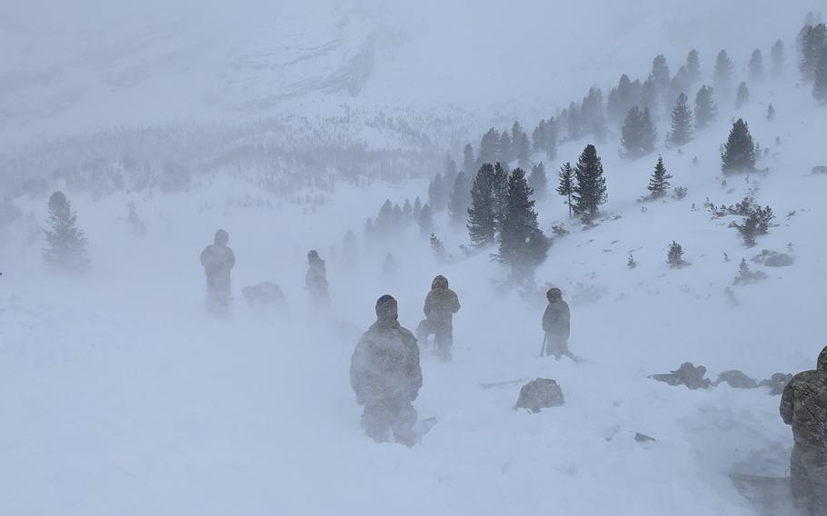 Soldiers with the 173rd Airborne Brigade train with the Italian army in the Dolomite Mountains during a multiweek exercise in winter warfare techniques near Usseaux, Italy, in February.