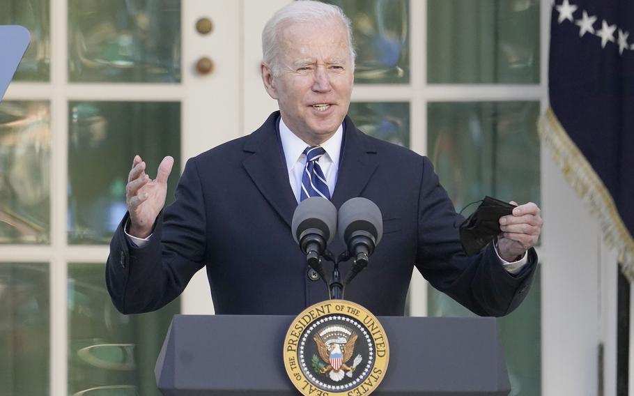 President Joe Biden speaks during a ceremony to pardon the national Thanksgiving turkey in the Rose Garden of the White House, in Washington, Friday, Nov. 19, 2021.