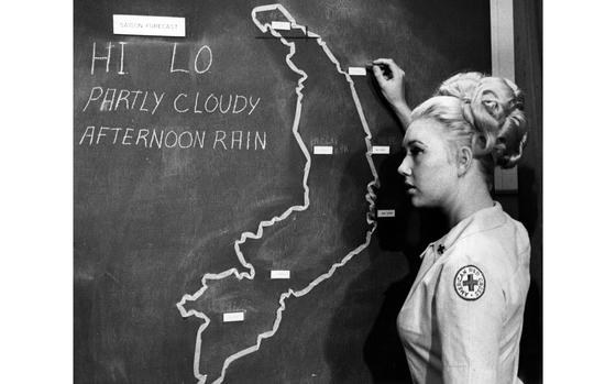 Barbara (Bobbie) Oberhansly delivers the weather forecast for Vietnam on Armed Forces Television in 1967.

Read the 1967 article on Bobbie Oberhansly here
https://www.stripes.com/news/weather-girl-wows-saigon-1.51480

Looking for Stars and Stripes’ coverage of the Vietnam War? Subscribe to Stars and Stripes’ historic newspaper archive! We have digitized our 1948-1999 European and Pacific editions, as well as several of our WWII editions and made them available online through https://starsandstripes.newspaperarchive.com/

META TAGS: Armed Forces Television; AFN; AFT; meteorology; women in the military; Women's History Month