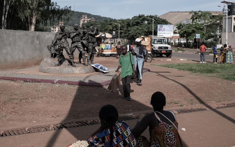 A statue representing Russian instructors belonging to the Wagner mercenary company in Bangui, Central African Republic, on Sept. 5, 2023.