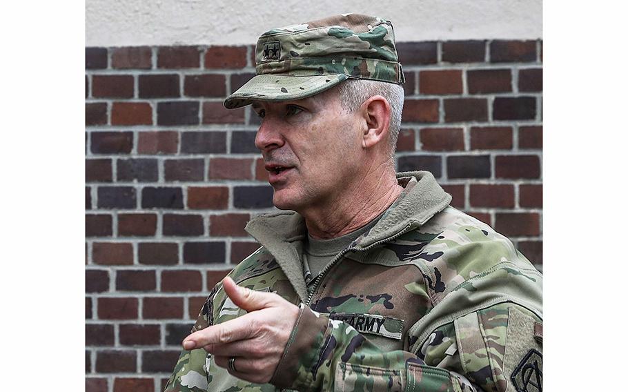 Maj. Gen. Anthony Potts, then-program executive officer for Command, Control, Communications-Tactical, visits Camp Kościuszko on Feb. 7, 2023, in Poznan, Poland. Potts, who recently retired from the Army, died in a plane crash near Aberdeen Proving Ground, Md., on Tuesday, July 25, 2023.