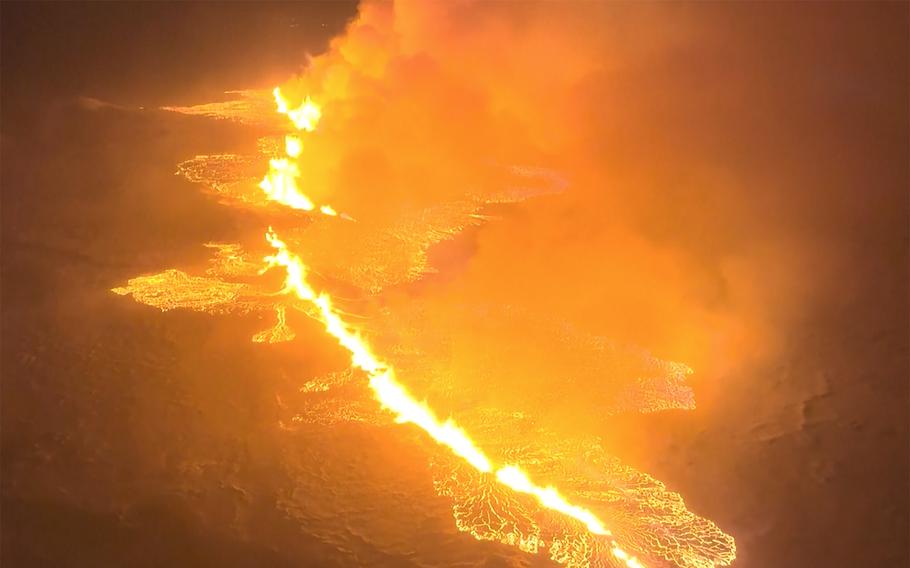 Magma flows on a hill near Grindavik on Iceland's Reykjanes Peninsula following a volcanic eruption on Dec. 18.