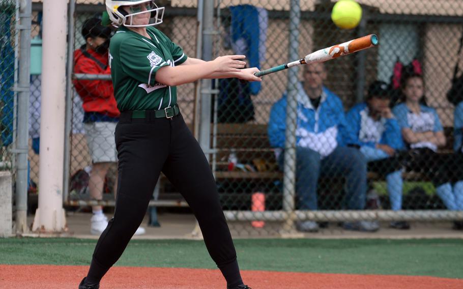 Daegu's Leah Merchant drives a liner toward the right side of the infield.