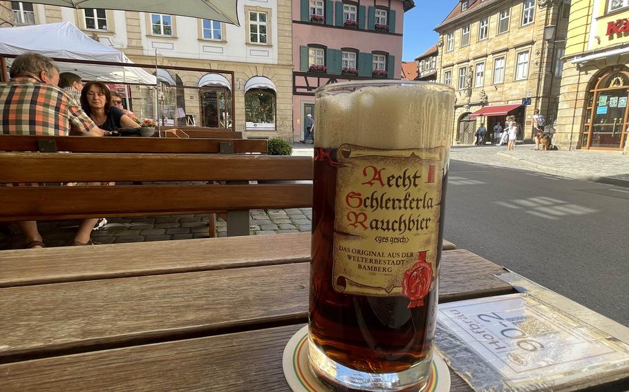 The Aecht Schlenkerla rauchbier at Hofbrau on June 21, 2021 in Bamberg, Germany. The city is renowned for its rauchbier, or smoked beer.