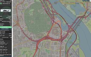 A computerized overhead map image of the Pentagon and the surrounding area, with the flight pathof a helicopter marked with an orange line.