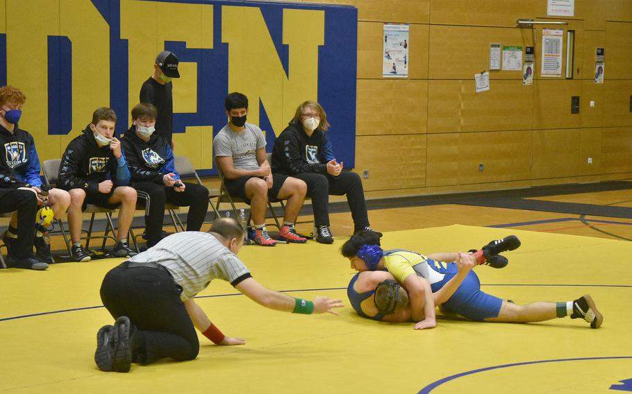 Wiesbaden’s Caleb Rothmeyer attempts to pin Hohenfels’ Nathan Angulo during a quad meet in Wiesbaden, Germany on Saturday, Jan. 22, 2022.