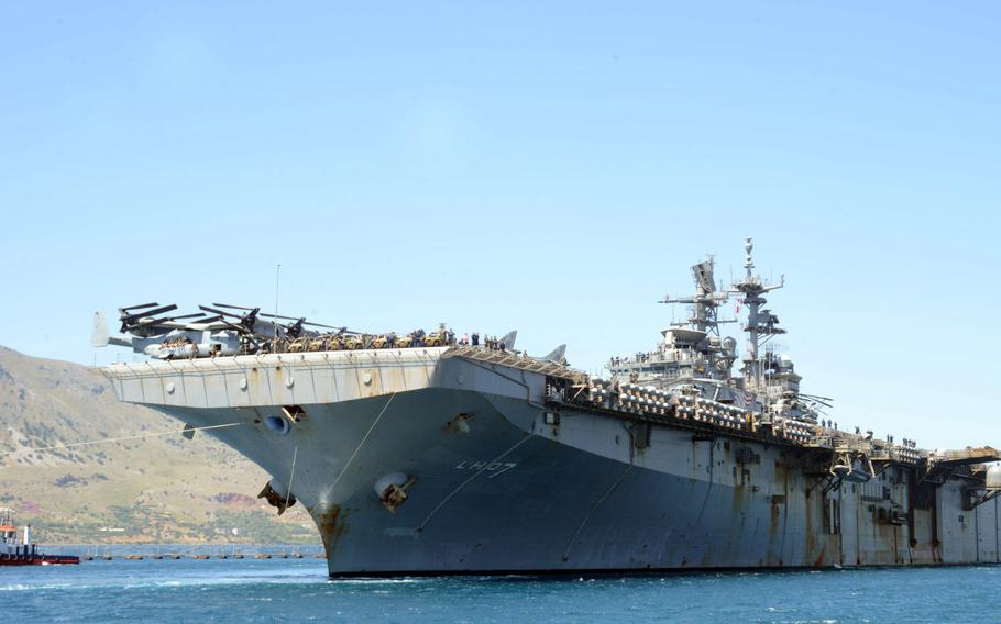 The amphibious assault ship USS Iwo Jima arrives in Souda Bay, Greece, in May 2021.  U.S. 6th Fleet stood up Task Force 61/2, a naval amphibious unit comprised of Marines and sailors to coordinate efforts in Europe ranging from port visits to counter-reconnaissance operations, the task force said in a statement April 1, 2022. 