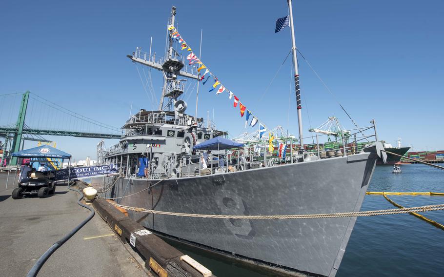 The Avenger-class mine countermeasures ship USS Scout (MCM 8) is moored at the Port of Los Angeles on Aug. 30, 2019, to support Los Angeles Fleet Week (LAFW). LA Fleet Week returns live for the first time in more than two years, after the pandemic drove it into an online presence only, from Friday to Monday, May 27-30.