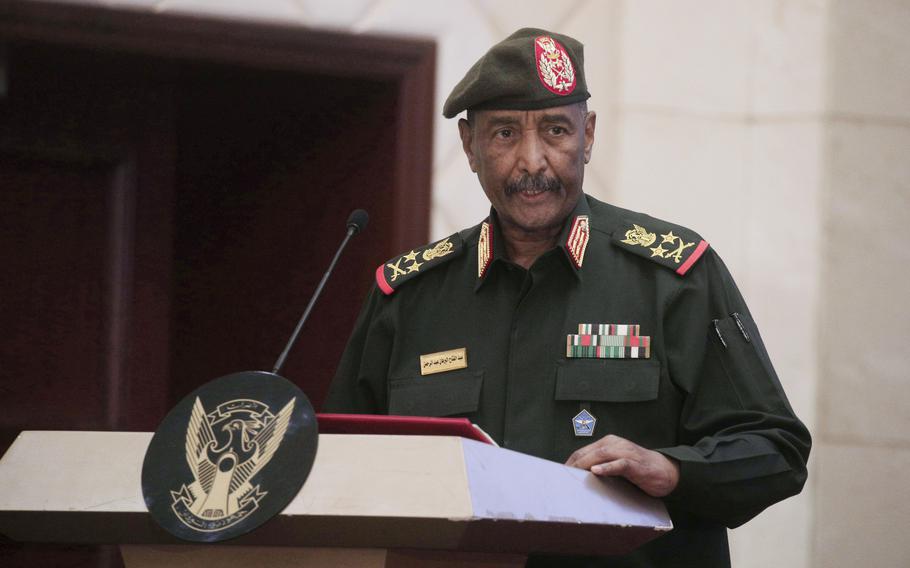 Sudan’s Army chief Gen. Abdel-Fattah Burhan speaks following the signature of an initial deal aimed at ending a deep crisis caused by last year’s military coup, in Khartoum, Sudan, Dec. 5, 2022.  Burhan, Sudan’s top army general has fired the country’s paramilitary leader, on Friday, May 19, 2023. 