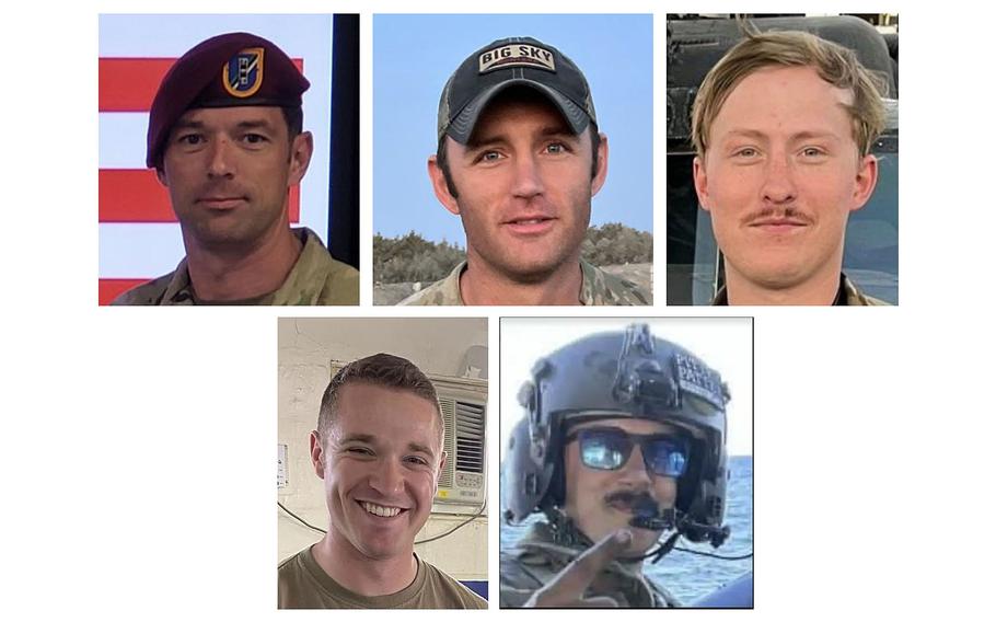 Top, from left: Chief Warrant Officer 3 Stephen Dwyer; Chief Warrant Officer 2 Shane Barnes; and Staff Sgt. Tanner Grone. Bottom, from left: Sgt. Andrew Southard and Sgt. Cade Wolfe. The five special operations soldiers were killed in the crash of an MH-60 Black Hawk on Nov. 10, 2023. On Thursday, Army officials announced the recovery of the remains of three of the soldiers. 