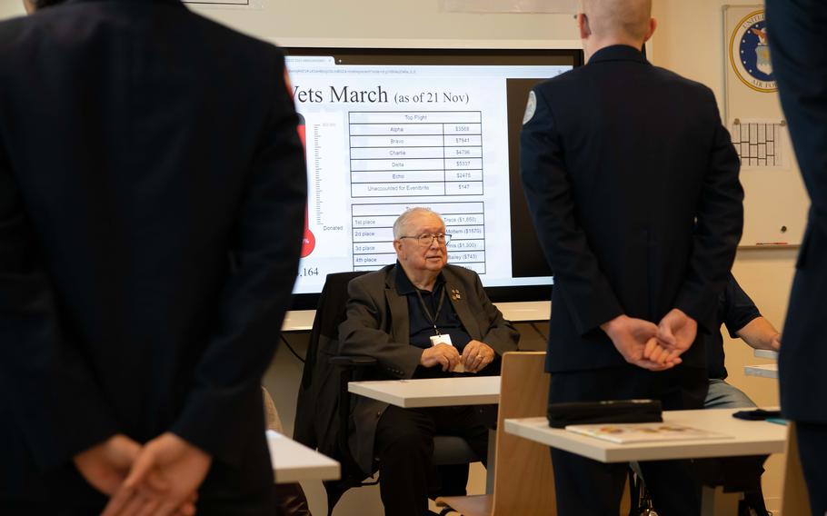 Retired Army Sgt. Maj. George Gilgore, senior vice commander of the Veterans of Foreign Wars Post 10614, attends a meeting at Kaiserslautern High School, Nov. 21, 2022, during which Junior Reserve Officers’ Training Corps students donated $2,640 to the VFW branch. 