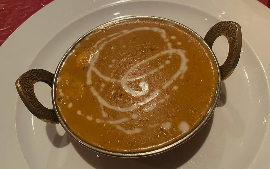 It's not a cappucino. It's chicken korma, a curry dish made with cream, almonds, coconut and spices at Curry House in Kaiserslautern, Germany.
