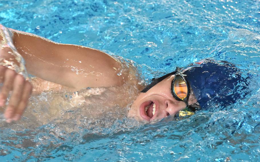 Aviano's Michael Nix grimaces while trying to inhale on Sunday, Nov. 27, 2022, at the European Forces Swim League Long Distance Championships in Lignano Sabbiadoro, Italy.