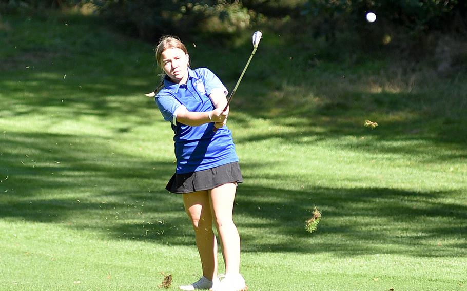 Ramstein golfer Mya Boynton hits on the fairway of the No. 9 hole at Woodlawn Golf Course on Sept. 7, 2023, on Ramstein Air Base, Germany.