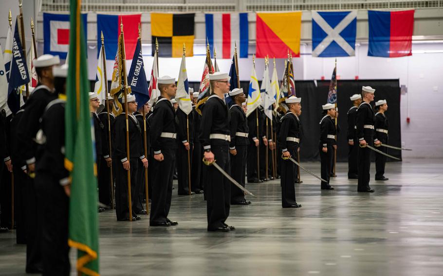 A group of 669 sailors graduated from Navy basic training April 1, 2022, at Naval Station Great Lakes, Ill. The Navy announced Thursday that anyone who enlists and ships out to basic training by the end of June will receive a $25,000 bonus.