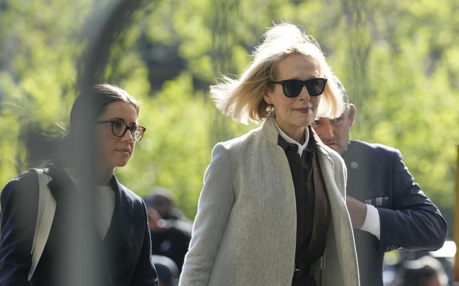 E. Jean Carroll arrives to a courthouse in New York, Tuesday, April 25, 2023. Columnist Carroll, who won a $5 million sexual abuse and defamation award against former President Donald Trump, filed an amended lawsuit against him on Monday, May 22, 2023, seeking to hold him liable for remarks he made after the verdict.