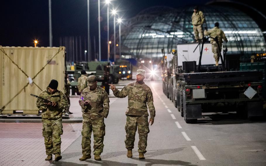 Soldiers from the U.S. Army’s 82nd Airborne Division are seen Feb. 19 next to the G2A Arena, the division’s main base, at Rzeszow-Jasionka airfield in Rzeszow, Poland. 