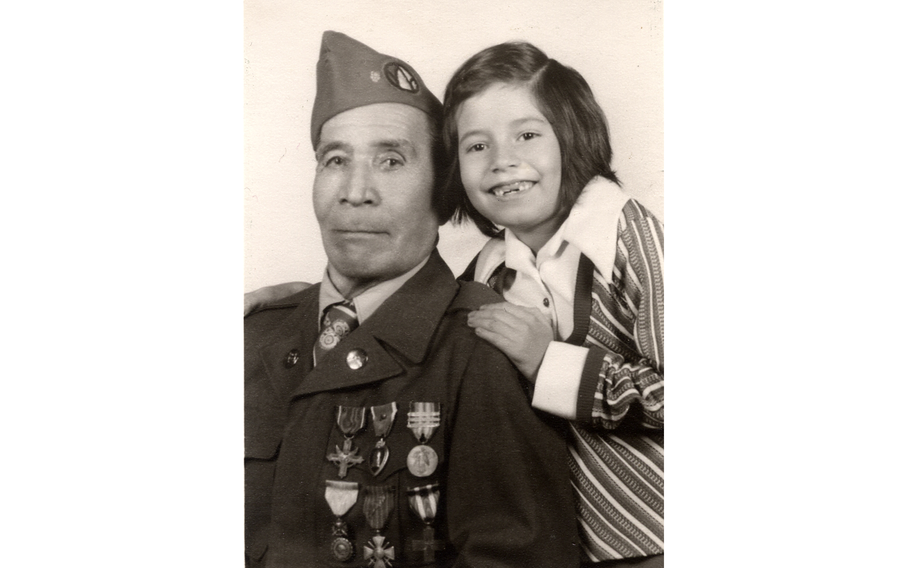 Army Pvt. Marcelino Serna, who earned the Distinguished Service Cross for actions during World War I, seen in an undated photo with his great-granddaughter, Diana Stopani. Petitions have been filed on Serna’s behalf to posthumously upgrade his award to the Medal of Honor. 