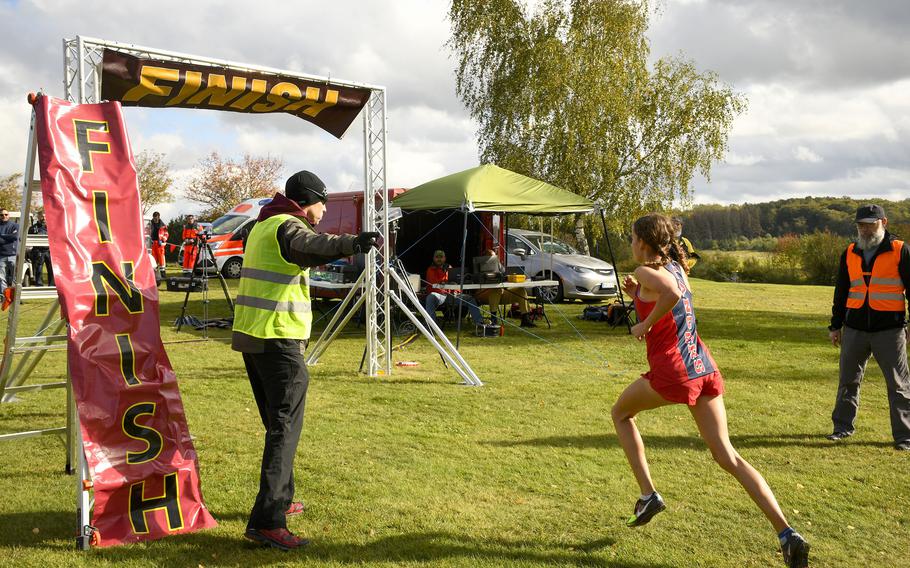 Lakenheath sophomore Abra Mills finished in 19 minutes, 58.7 seconds to win the girls DODEA-Europe cross country championship title Oct. 21, 2023, in Baumholder, Germany.