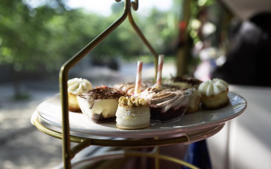 Desserts on a three-tier tray.