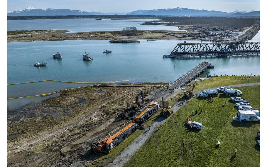 A derailed BNSF train on the Swinomish Reservation in Anacortes is seen from the air, Thursday, March, 16, 2023. 