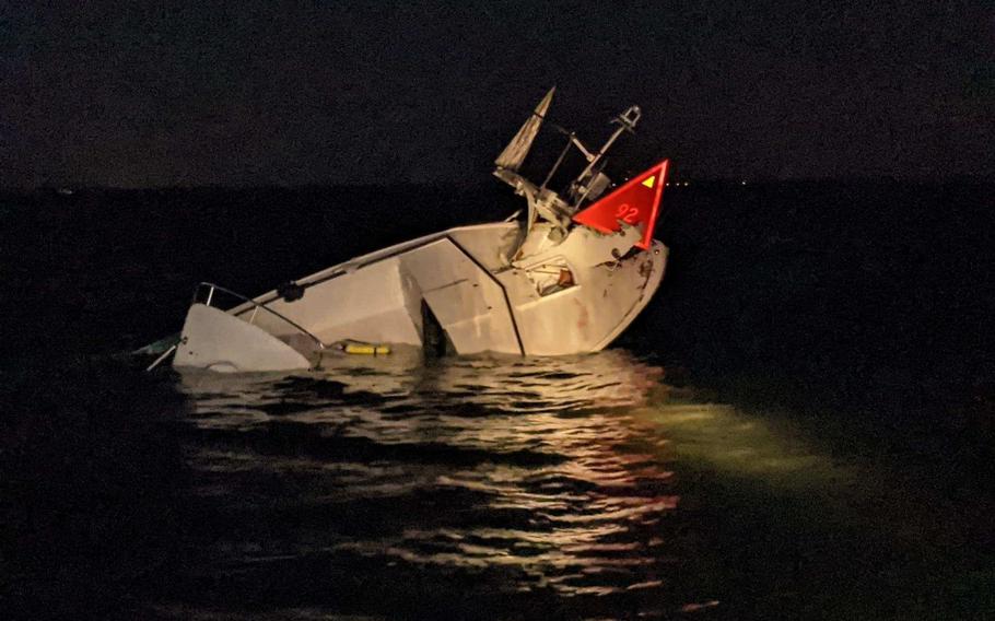 The Coast Guard and the Beach Haven Volunteer Fire Department rescued six boaters after their 30-foot white pleasure craft struck a fixed aid to navigation in the vicinity of Ham Island, on Sunday, Sept. 19, 2021. 