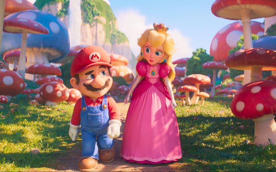 Mario, voiced by Chris Pratt, left, and Princess Peach, voiced by Anya Taylor-Joy, in “The Super Mario Bros. Movie.”