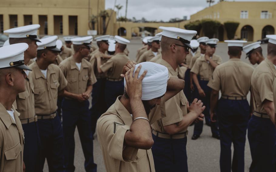 Pfc. Jaskirat Singh graduates from boot camp with fellow Marines on Aug. 11, 2023, at Marine Corps Recruit Depot San Diego in California.