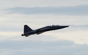 A U.S. Air Force T-38 Talon jet trainer from Beale Air Force Base, California, practices "touch and go" procedures, March 25, 2019 at Travis Air Force Base, California. The Talon is a twin-engine, high-altitude, supersonic aircraft utilized by U-2 “Dragon Lady” pilots to maintain flying proficiency. (U.S. Air Force photo by Heide Couch)