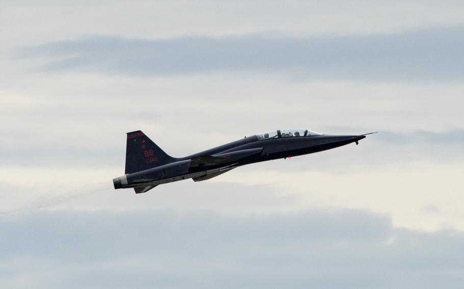 An Air Force T-38 Talon trainer jet in 2019 at Travis Air Force Base, Calif. 