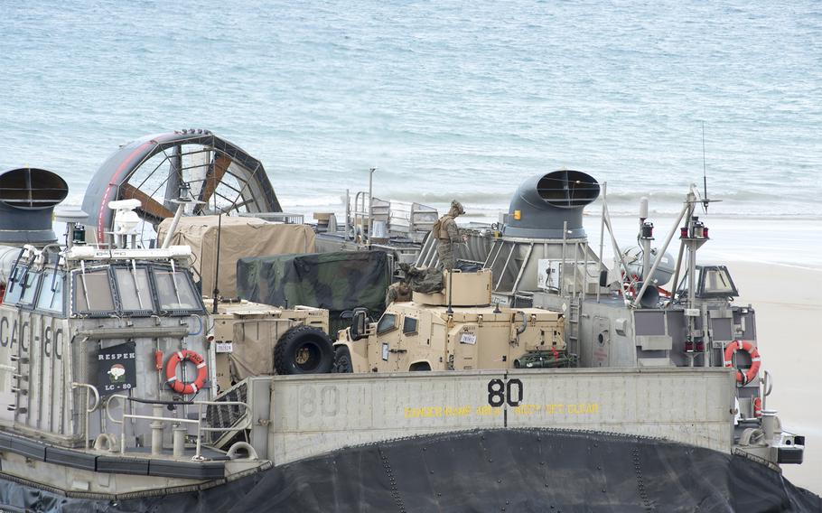 A U.S. Navy hovercraft lands at Langham Beach near Stanage Bay, Australia, Wednesday, Aug. 2, 2023, during the Talisman Sabre excercie's finale.