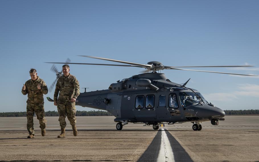 Gen. Timothy Ray gives a thumbs up after disembarking from his first ride in the MH-139A Grey Wolf with Col. Michael Jiru. The Grey Wolf was unveiled and named during the ceremony at Eglin Air Force Base, Fla., on Dec. 19, 2019.