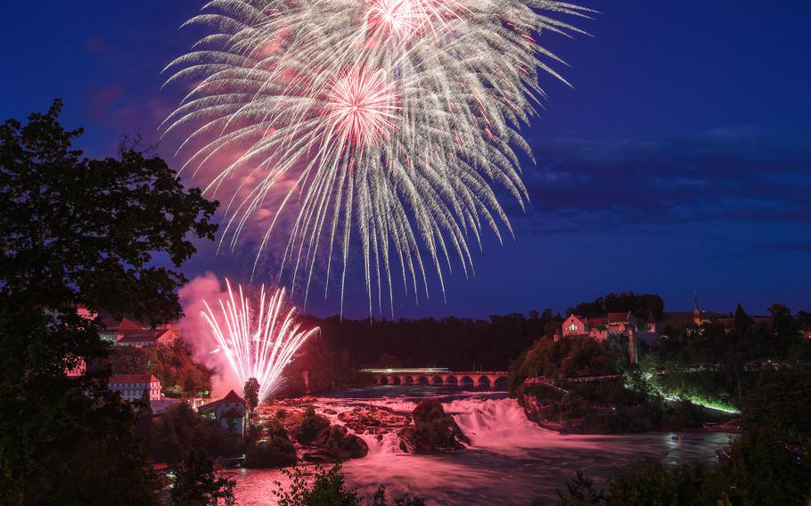 The Rhine Falls near Schaffhausen, Switzerland, celebrate the Swiss National Day on July 31.