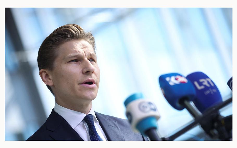 Finland’s Defense Minister Antti Hakkanen speaks during a briefing at NATO headquarters in Brussels, Belgium, on June 13, 2024. 